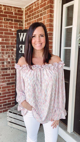 PINK AND BLUE RUFFLE OFF THE SHOULDER TOP
