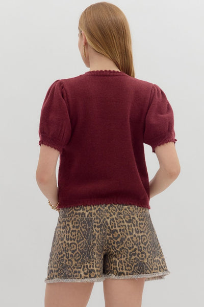 WINE SHORT PUFF SLEEVE KNIT SWEATER