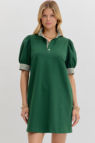 GREEN DRESS WITH STRIPED DETAIL COLLAR