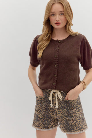 CHOCOLATE SHORT PUFF SLEEVE KNIT SWEATER
