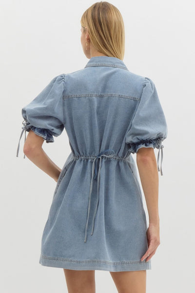 PUFF SLEEVE DENIM DRESS WITH ADJUSTABLE BACK