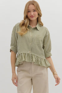 GREEN STRIPE RUFFLE HEM TOP