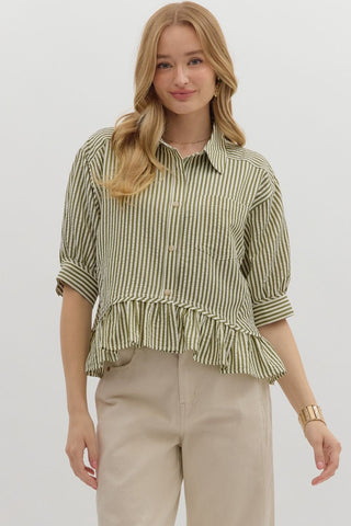 GREEN STRIPE RUFFLE HEM TOP