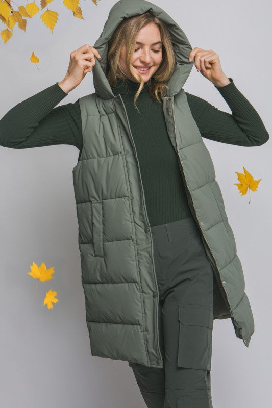 GREEN HOODED PUFFER VEST
