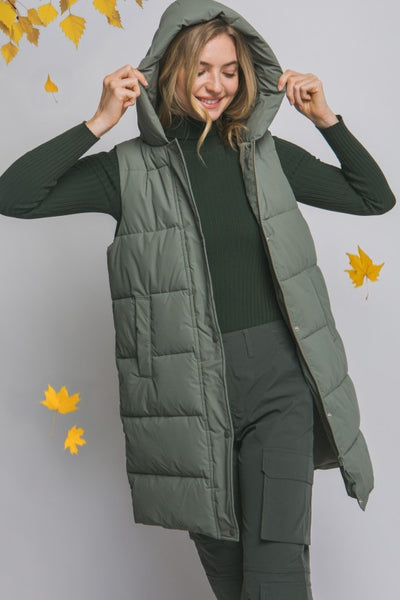 GREEN HOODED PUFFER VEST