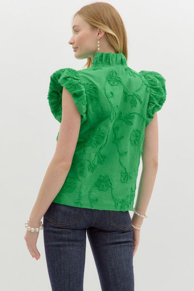 GREEN FLORAL BUBBLE FLUTTER SLEEVE TOP