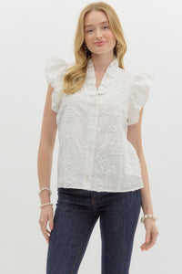 WHITE FLORAL BUBBLE SLEEVE TOP