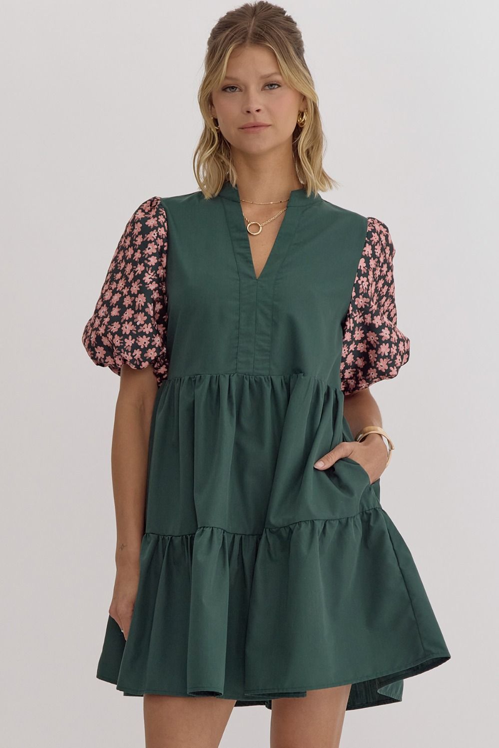 GREEN FLORAL PUFF SLEEVE TIERED DRESS