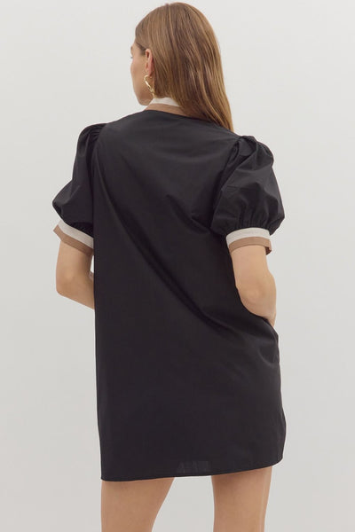 BLACK DRESS WITH BROWN AND WHITE CONTRAST TRIM