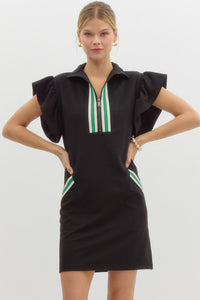 BLACK AND GREEN HALF ZIP FLUTTER SLEEVE DRESS