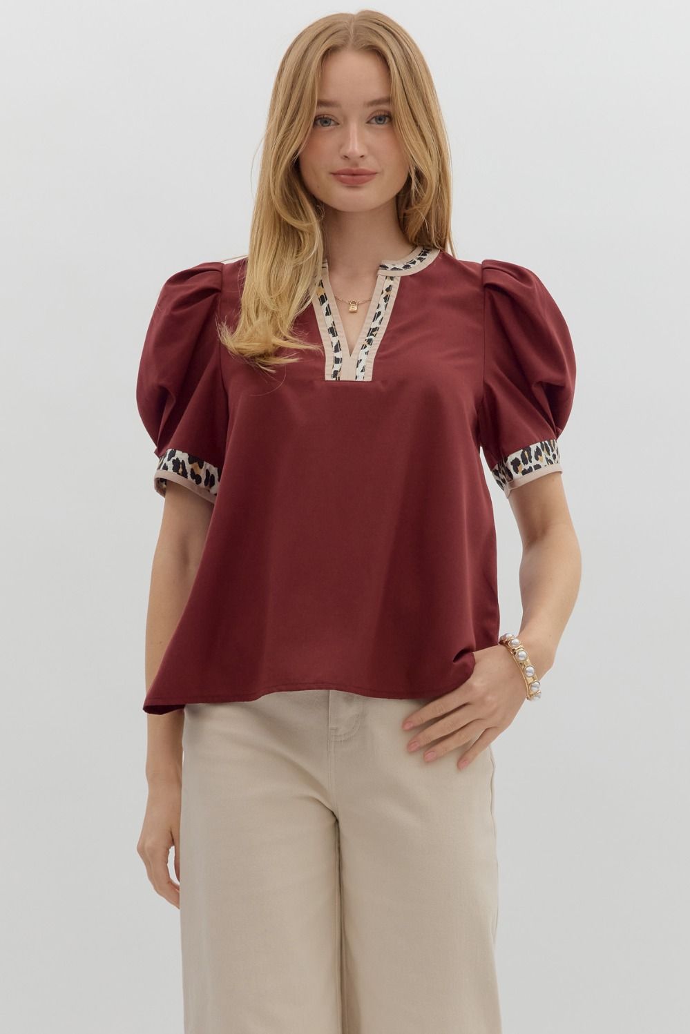 MERLOT PUFF SLEEVE TOP WITH LEOPARD PRINT DETAIL