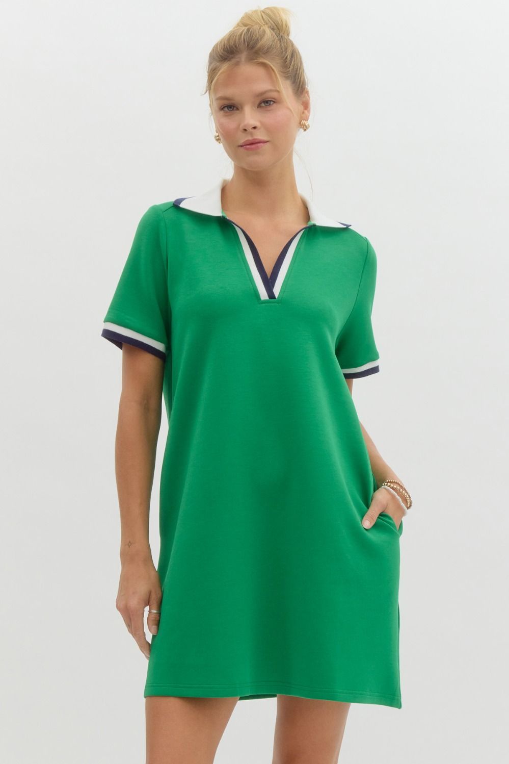 SHORT SLEEVE GREEN POLO DRESS WITH NAVY ACCENTS