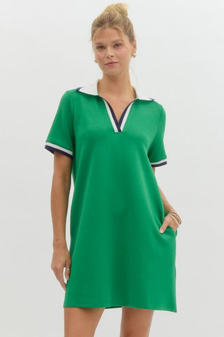 SHORT SLEEVE GREEN POLO DRESS WITH NAVY ACCENTS