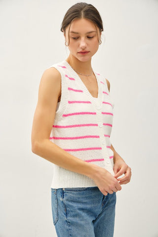 PINK STRIPED BUTTON UP V-NECK VEST