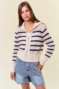 NAVY AND OAT STRIPED ZIP UP