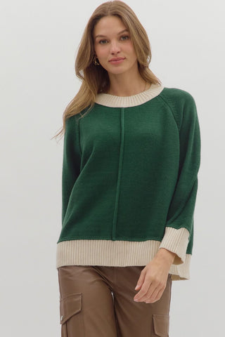 GREEN SWEATER WITH CREAM ACCENTS