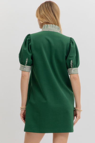 GREEN DRESS WITH STRIPED DETAIL COLLAR