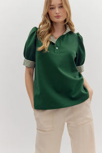 GREEN TOP WITH STRIPED COLLAR
