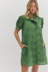 FOREST FREEN SHORT SLEEVE FLORAL BUTTON UP DRESS