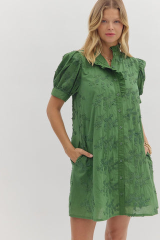 FOREST FREEN SHORT SLEEVE FLORAL BUTTON UP DRESS