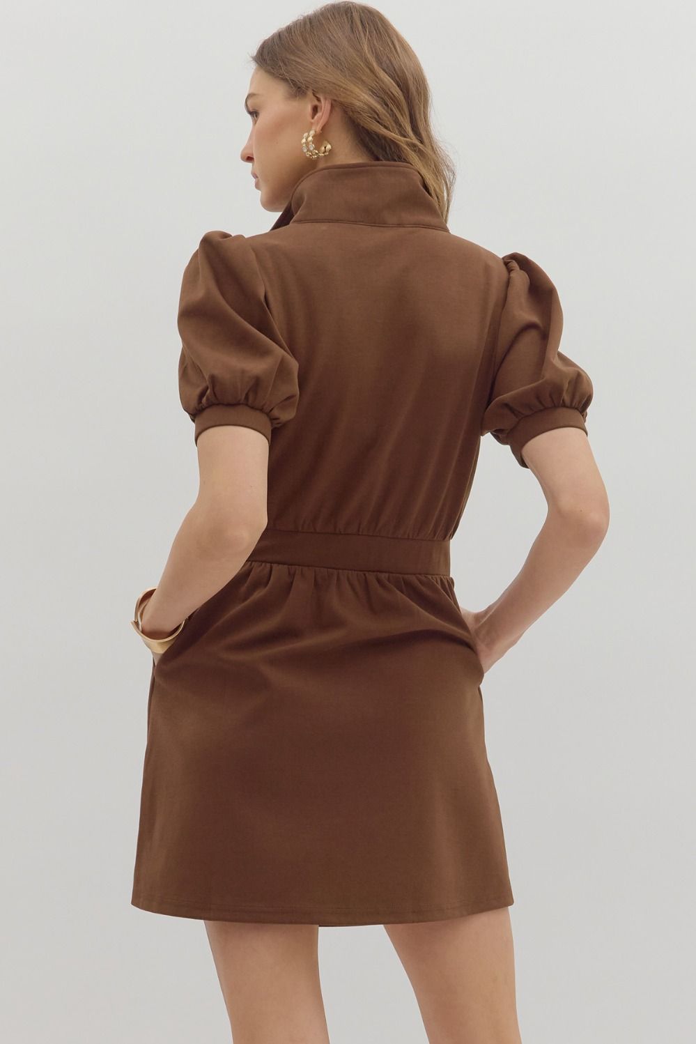 ESPRESSO SOLID SHORT PUFF SLEEVE ZIP-UP DRESS