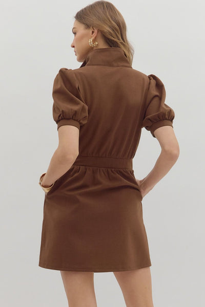 ESPRESSO SOLID SHORT PUFF SLEEVE ZIP-UP DRESS