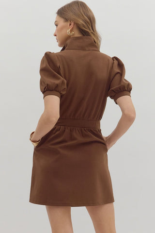ESPRESSO SOLID SHORT PUFF SLEEVE ZIP-UP DRESS