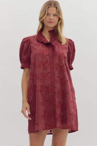 BURGUNDY SHORT SLEEVE FLORAL BUTTON UP DRESS