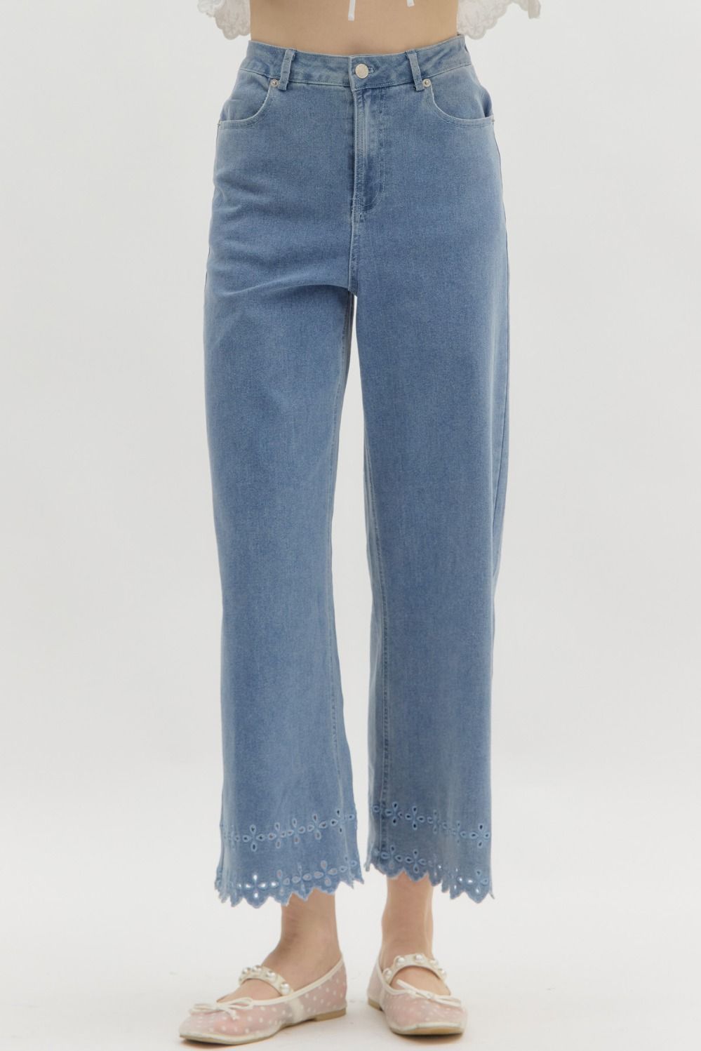 HIGH WAISTED ANKLE LENGHT EYELET DENIM