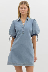 PUFF SLEEVE DENIM DRESS WITH ADJUSTABLE BACK