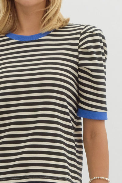 STRIPED SHORT SLEEVE TOP WITH BLUE DETAILS