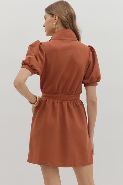 RUST SOLID SHORT PUFF SLEEVE DRESS