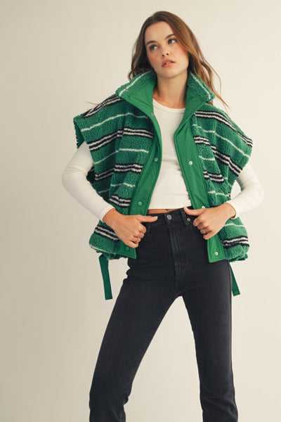 GREEN STRIPED SHERPA VEST