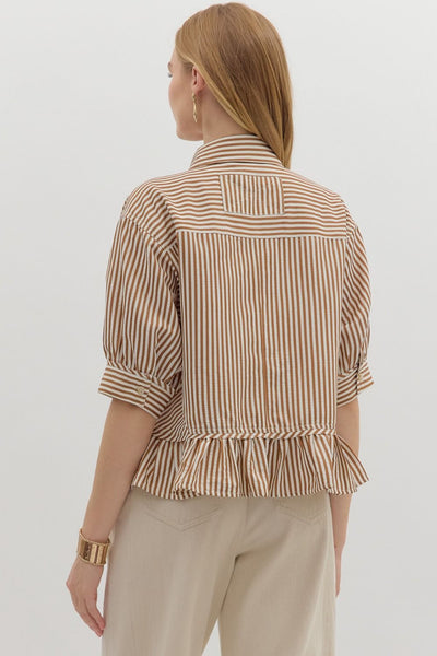 BROWN STRIPE RUFFLE HEM TOP