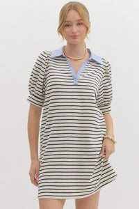 NAVY AND CREAM STRIPED V-NECK DRESS