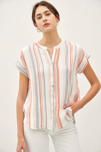 TERRACOTTA STRIPED GAUZE BUTTON UP TOP