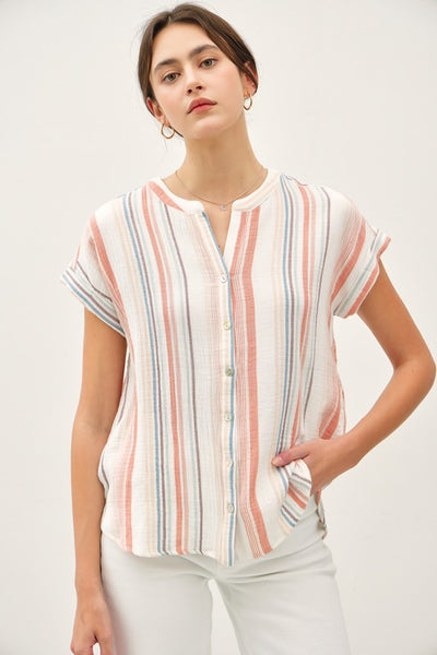 TERRACOTTA STRIPED GAUZE BUTTON UP TOP