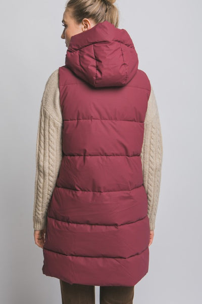 HOODED LONG BURGUNDY PUFFER VEST