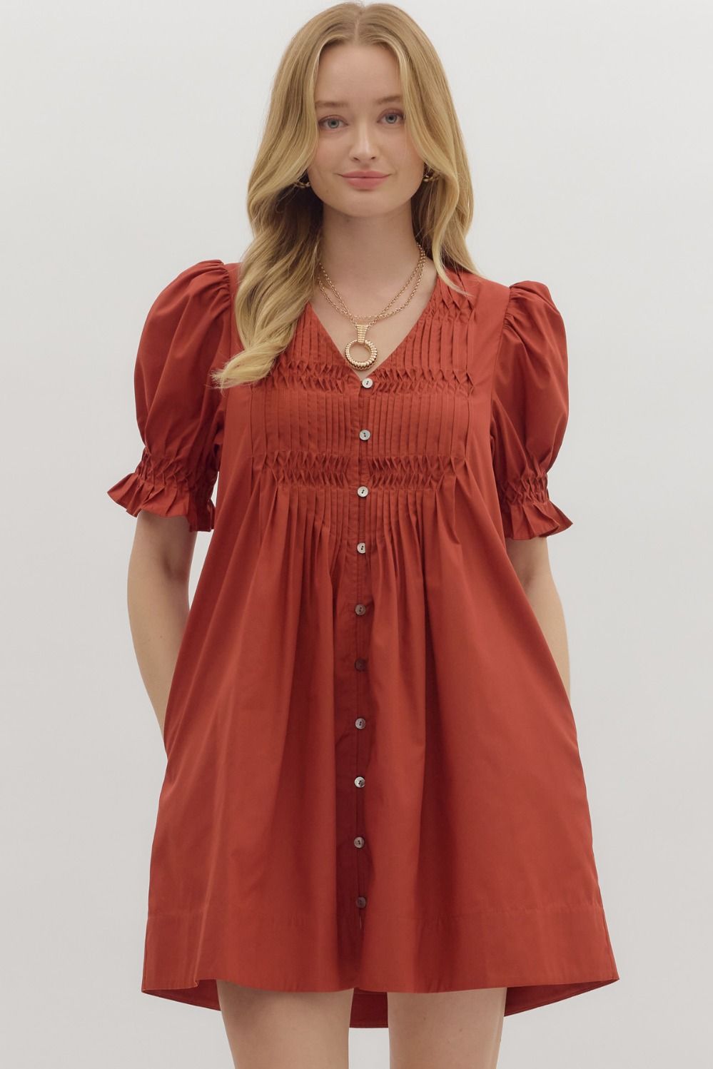 RUST PUFF SLEEVE DRESS