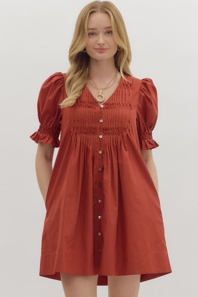 RUST PUFF SLEEVE DRESS