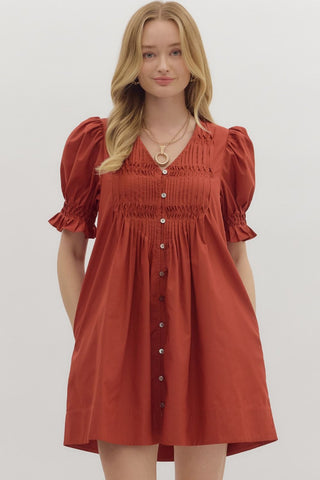 RUST PUFF SLEEVE DRESS