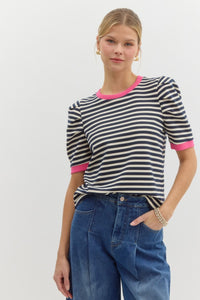 NAVY STRIPED TOP WITH PINK DETAILS