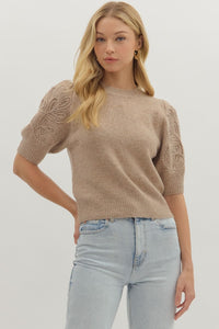 MOCHA PUFF SLEEVE SWEATER WITH FLORAL DETAILS