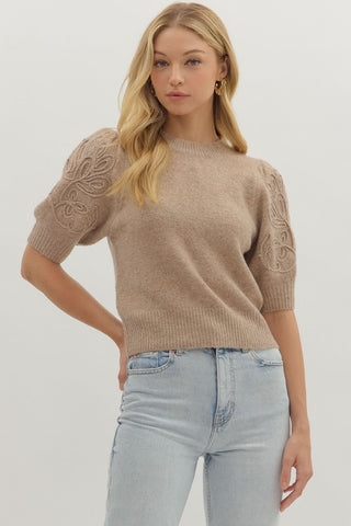 MOCHA PUFF SLEEVE SWEATER WITH FLORAL DETAILS