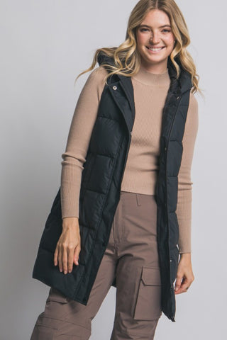 HOODED LONG BLACK PUFFER VEST