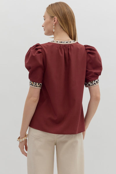 MERLOT PUFF SLEEVE TOP WITH LEOPARD PRINT DETAIL