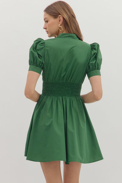 GREEN SMOCKED WAIST MNI DRESS