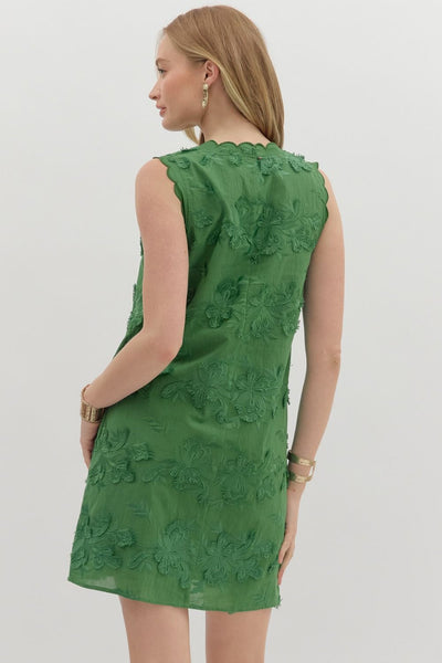 GREEN FLORAL ACCENTED SLEEVELESS DRESS
