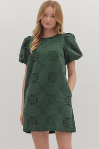 PINE PUFF SLEEVE EYELET DRESS