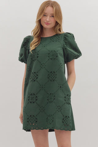 PINE PUFF SLEEVE EYELET DRESS